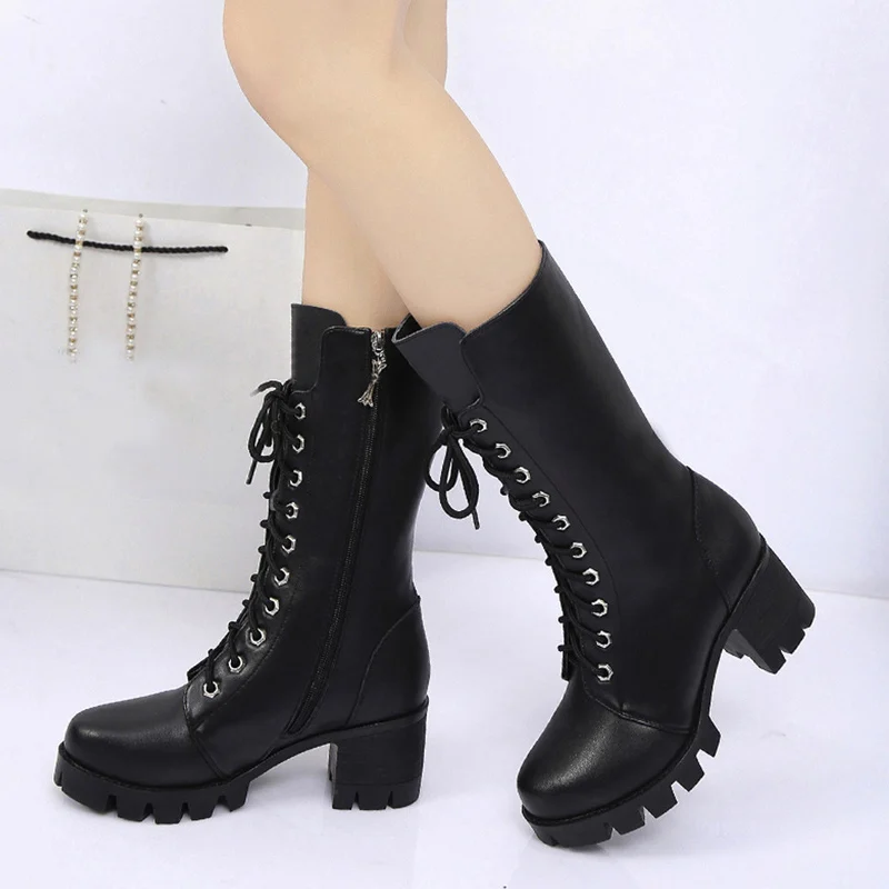 

MCCKLE Women Winter Casual Platform Block High Heels Warm Snow Boots Female Lace Up Fur Mid Calf Boots Ladies Leisure Footwear