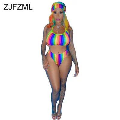 قوس قزح مخطط مثير ثلاثة قطعة مجموعة الزي ملابس الصيف للنساء الرسن عارية الذراعين المحاصيل الأعلى و Bodycon السراويل و الحجاب قوس قزح مخطط مثير ثلاثة قطعة مجموعة الزي ملابس الصيف للنساء الرسن عارية الذراعين المحاصيل الأعلى و Bodycon السراويل و الحجاب