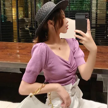 

Knitted T-shirt Women's 2019 Summer New V-neck Temperament Loose Short-sleeved Women's Shirts Women 2019