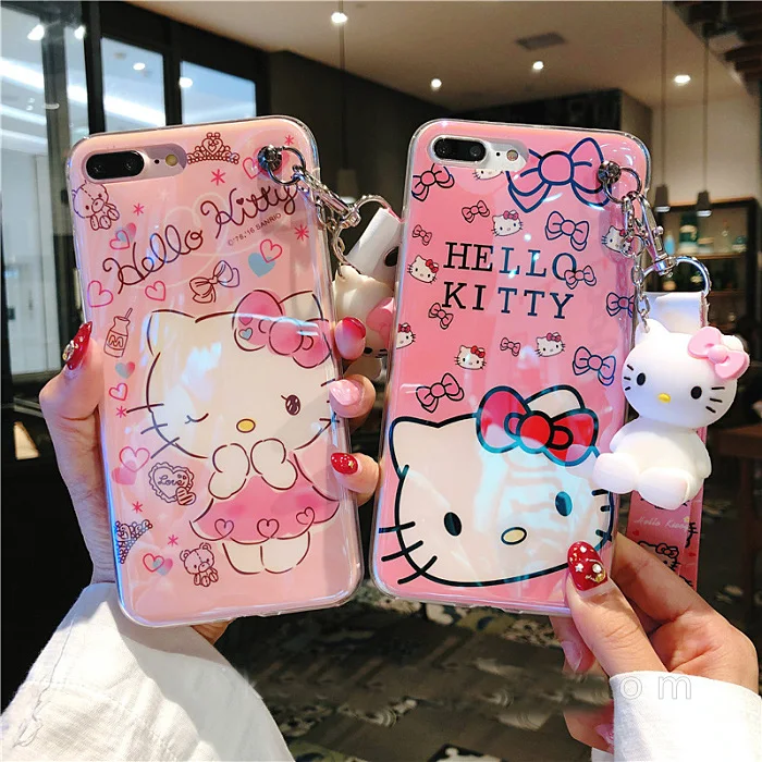 

For iPhone 8 8plus Hello kitty case, Cute KT Soft back cover For iPhone X 7 7plus 6 6S 6Pplus phone cover + toy stander +Strap