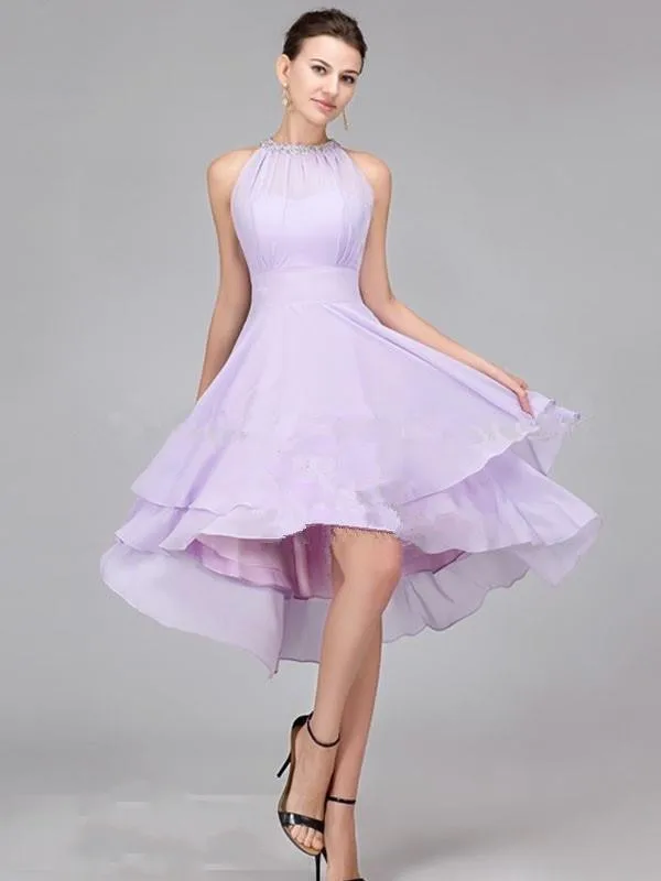 Custom Made Halter Knee Length Asymmetry Hemline Pleat Beaded font b Bridesmaid b font font b