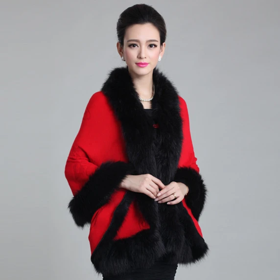 Женское пальто из искусственного меха, зимний черный свитер, кардиган, женский воротник из лисьего меха, пончо, накидка для невесты, свадебная шерстяная шаль, накидка, 12 цветов - Цвет: Красный