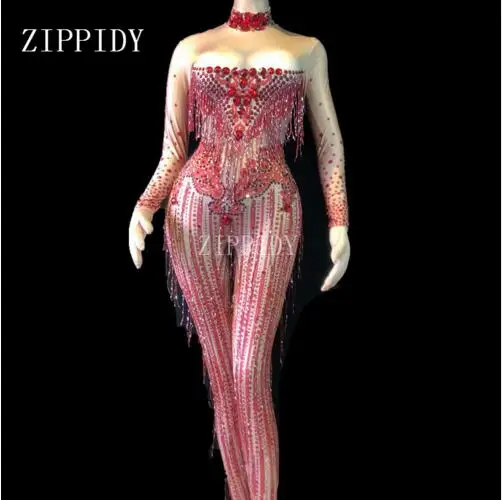 

Fashion Red Crystals Tassel Jumpsuit Women Stage Dance Stretch Jumpsuit Costume One-piece Fringes Big Stretch Outfit
