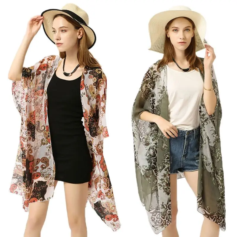 

Womens Summer Chiffon Swimsuit Cover Up Boho Colored Leopard Paisley Floral Printed Irregular Oversized Loose Open Front Kimono