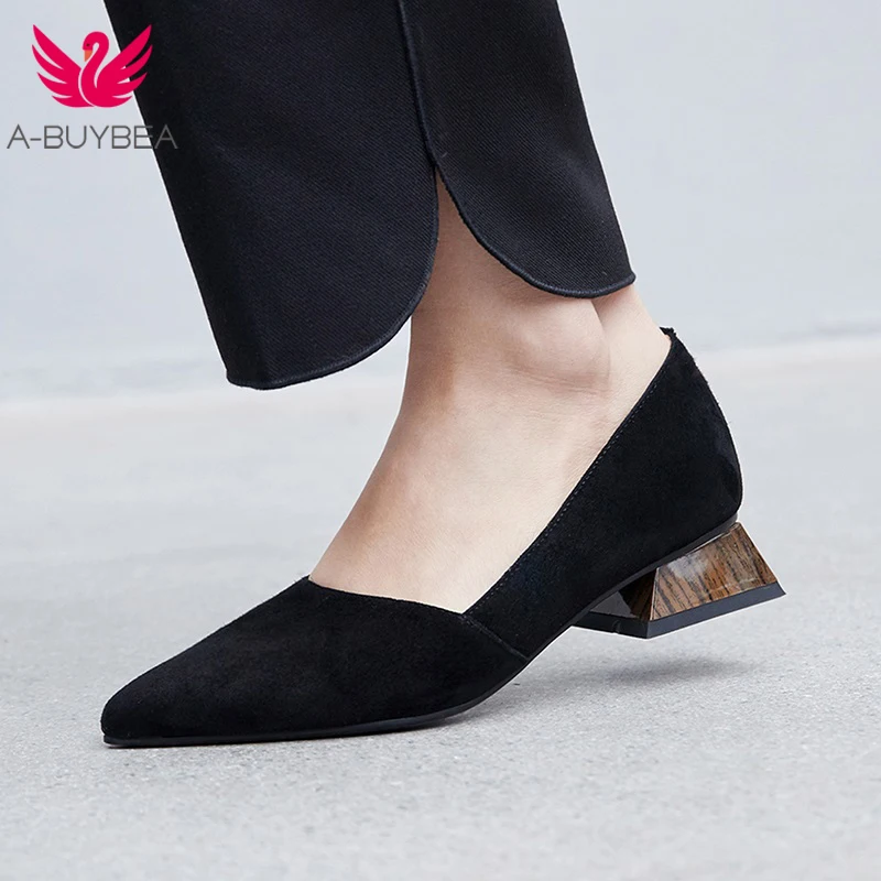 

A-BUYEBA New Spring Kid Suede Slip On Women Pumps Pointed Toe Low Heels Women Shoes Fashion Shallow Ladies Office Black Shoes