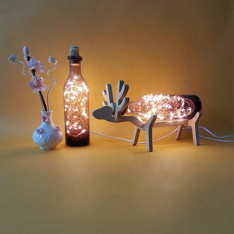 Online Nordic Kreative Holz Deer Lampe LED Streifen Lichter Blau Glas Flasche Nacht Lichter Kunst Deco USB Beleuchtung Chirstmas Geburtstag Geschenk