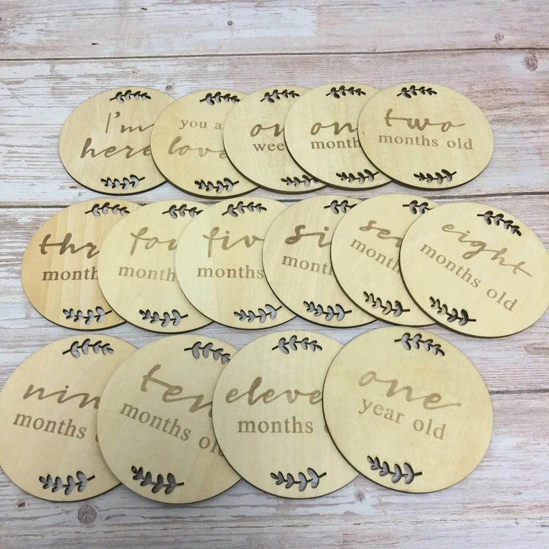 

Set of 15pcs wooden wood laser etched baby monthly milestone cards