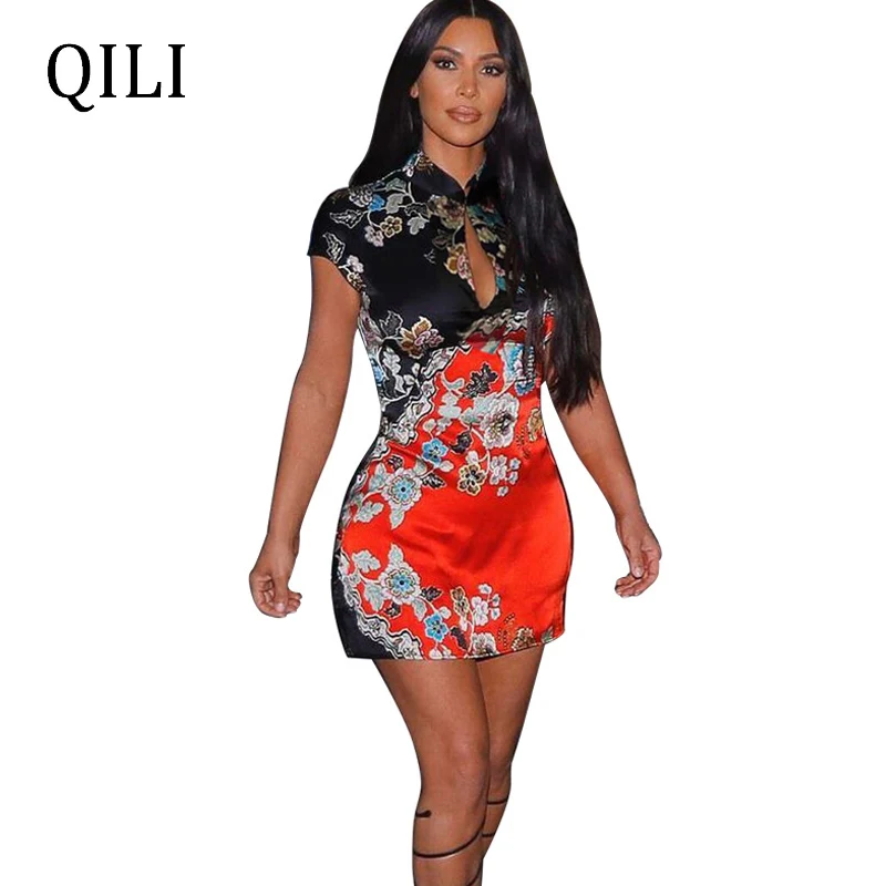 

QILI Women Short Sleeve Dress Short Wrap Mini Floral Print Hollow Out Bodycon Dress Vintage Printed Fashion Party Dress Chinese