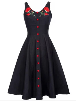 

Women Nice Swing Dress Summer Spaghetti Strap Embroidery Robe Hepburn Button Sling Vestidos Gothic Floral Expansion Dresses