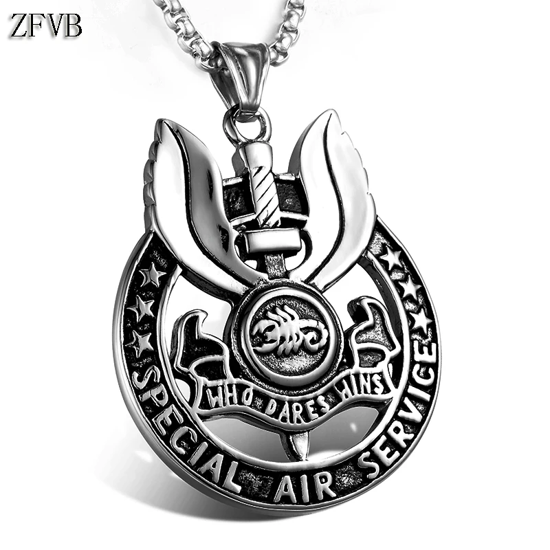 

ZFVB Vintage SAS Pendant Necklace for Mens 316L Stainless Steel WHO DARES WINS SPECIAL AIR SERVICE Pendants Jewelry Bijoux Gift