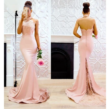 

Prom Dresses abendkleider vestidos de gala Light Pink Formal Dress Long Mermaid gala jurken Arabic Woman Prom Gowns Halter