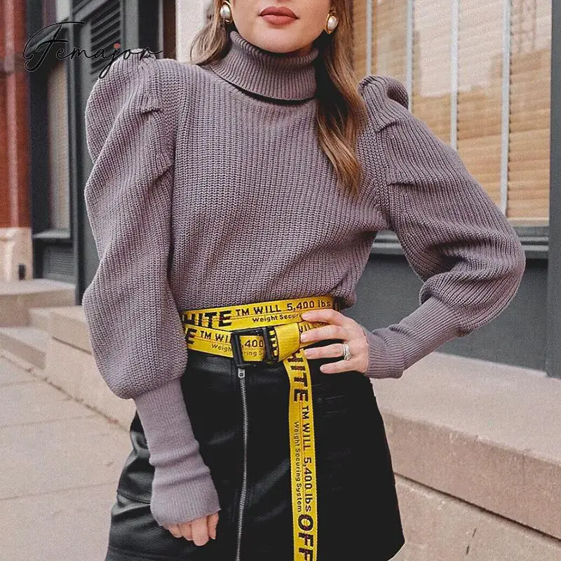 

Femajor Fashion Puff Sleeves Sweater Women 2019 Autumn Winter Knitted Pullover Female Chic Purple Turtle Neck Jumpers Knitwear