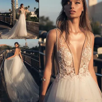 

Boho Country Style Sexy Dresses Deep V Front and Back Beaded Lace Appliqued Tulle Long Bridal Gown New Style Custom