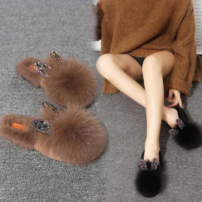 

Real Raccoon Fur Slippers Women Sliders Casual Fox Hair Flat Fluffy Fashion Home Summer Big Size 45 Furry Flip Flops Shoes