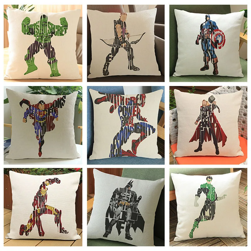 

Super Heroes of Creative Letter Words Superman Thor Hulk Batman Iron Man Throw Pillow Case Home Sofa Decoration Cushion Cover