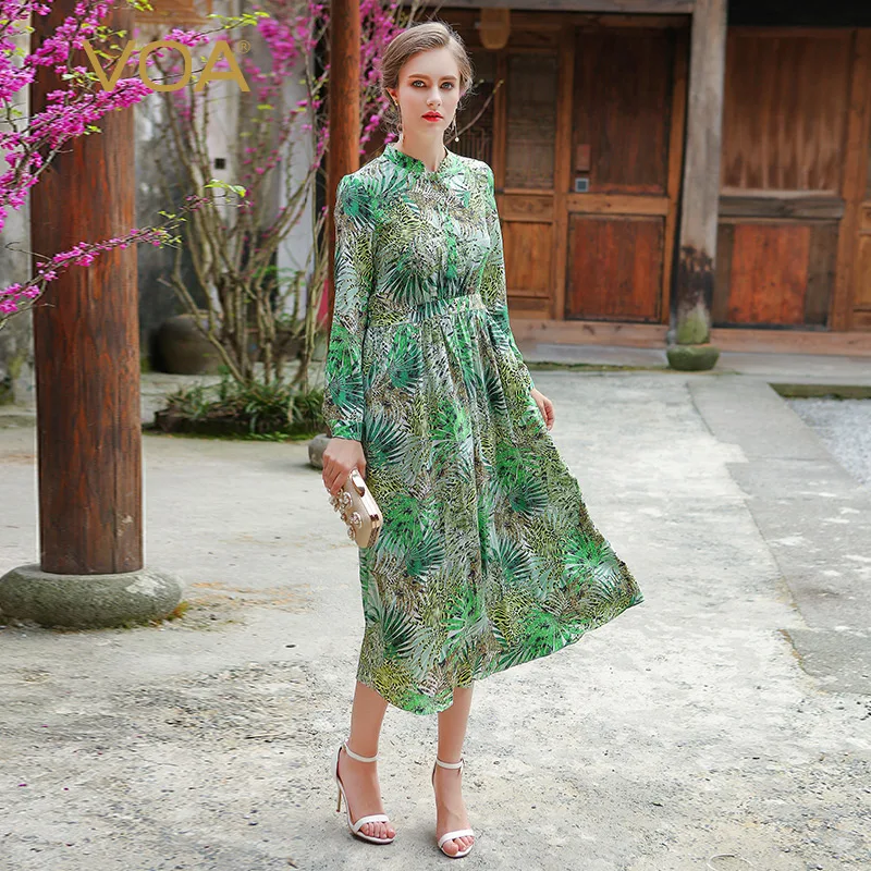 VOA Vrouwen Print Silk Jurken Casual Plus Size 5XL Strand Shirt Jurk Slanke Groene Lange Mouwen Boho Elegante Zomer Vestidos a3863 VOA Vrouwen Print Silk Jurken Casual Plus Size 5XL Strand Shirt Jurk Slanke Groene Lange Mouwen Boho Elegante Zomer Vestidos a3863