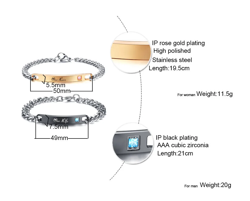 One Life One Love Браслеты из нержавеющей стали CZ браслеты для женщин и мужчин Идеальные подарки на день Святого Валентина