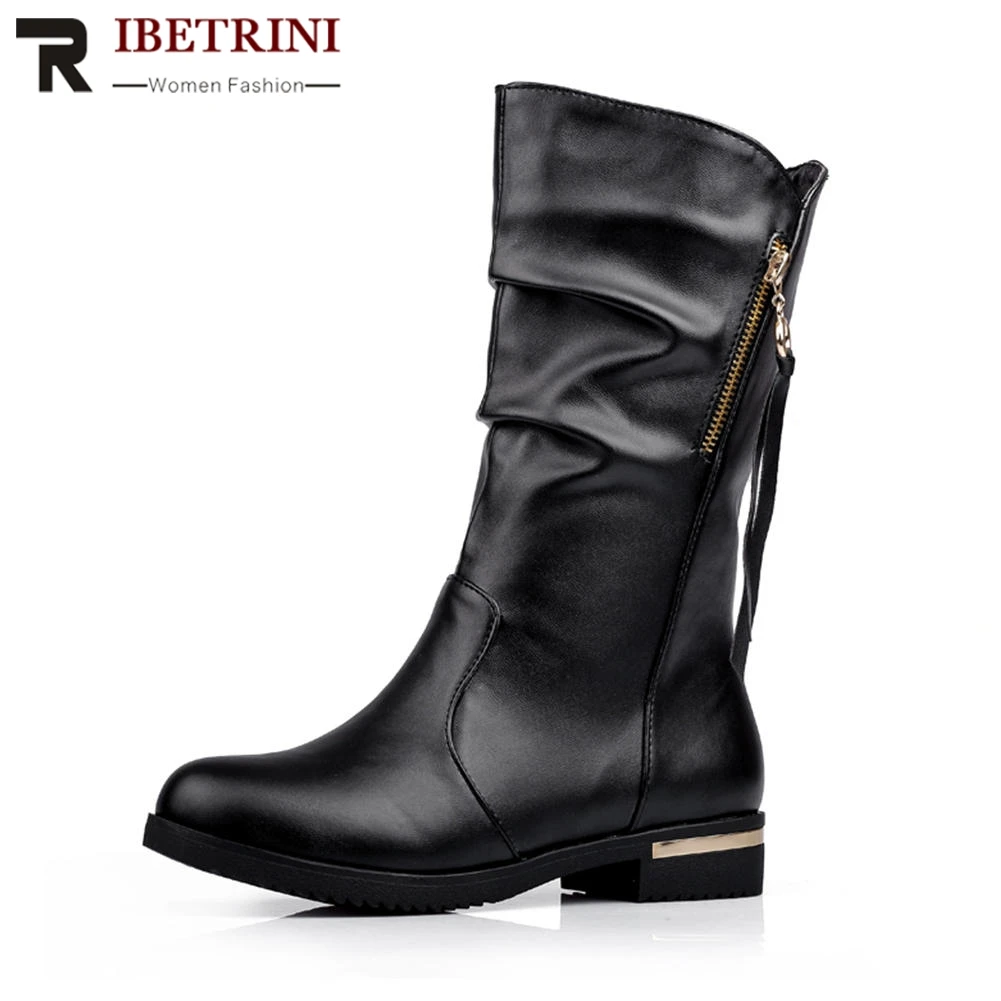 

RIBETRINI Women Cool Motorcycle Boots Low Square Heel Platform Winter Add Fur Shoes Woman Pleated Half-knee Boots Size 34-42