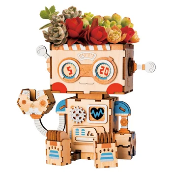

VICTMAX Unique Robotime Cartoon Cute Robot Flower Pot 3D Wooden Puzzle Building Hand Assembly Kits Pen Container Desk Decor Gift