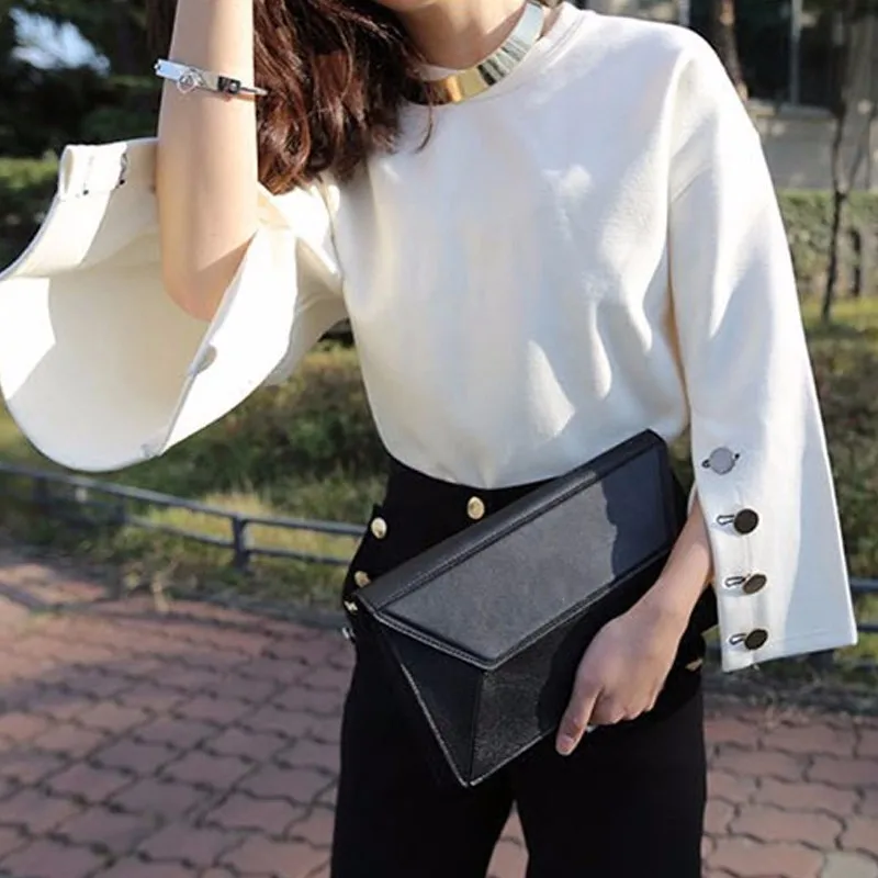 SISPELL, Весенние футболки для женщин, с круглым вырезом, с боковой кнопкой, с расклешенными рукавами, женская футболка, однотонный корейский топ, модная одежда, новинка