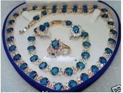 Blue Stone Sapphire Set Necklace Bracelet Earrings Ring AAA 18K GP Plated gold Bridal wide watch wings queen JEWE