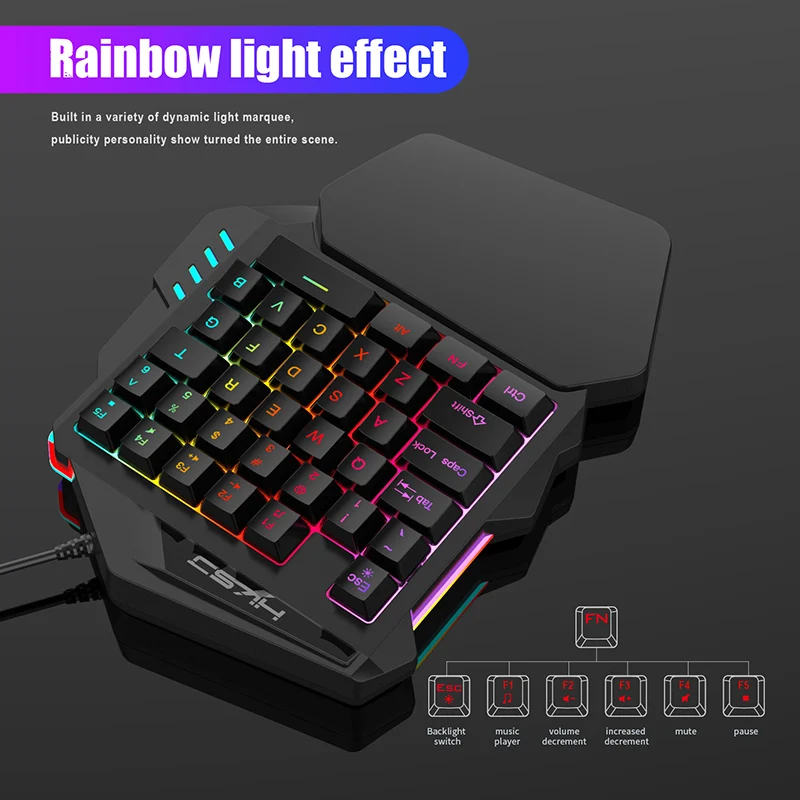 HXSJ 1.6m 35Keys One-Handed Keyboard Gaming Wired Keyboard and Keypad with LED Backlight Game LOL/D