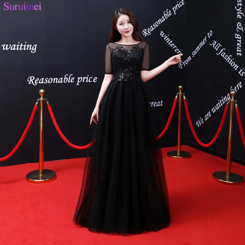

2018 New Arrival Black Beaded Sequines Evening Dresses Sheer Illusion See Through Open Back Corset Long Evening Gown