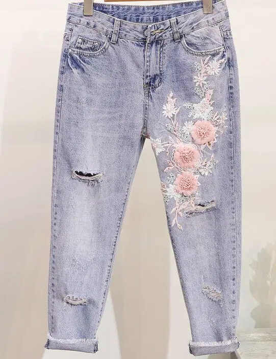 Amolapha для женщин 3D цветок мультфильм шаблон Бисероплетение блестками Промытые рваные Mid укороченные джинсы Deinm джинсовые брюки - Цвет: 10