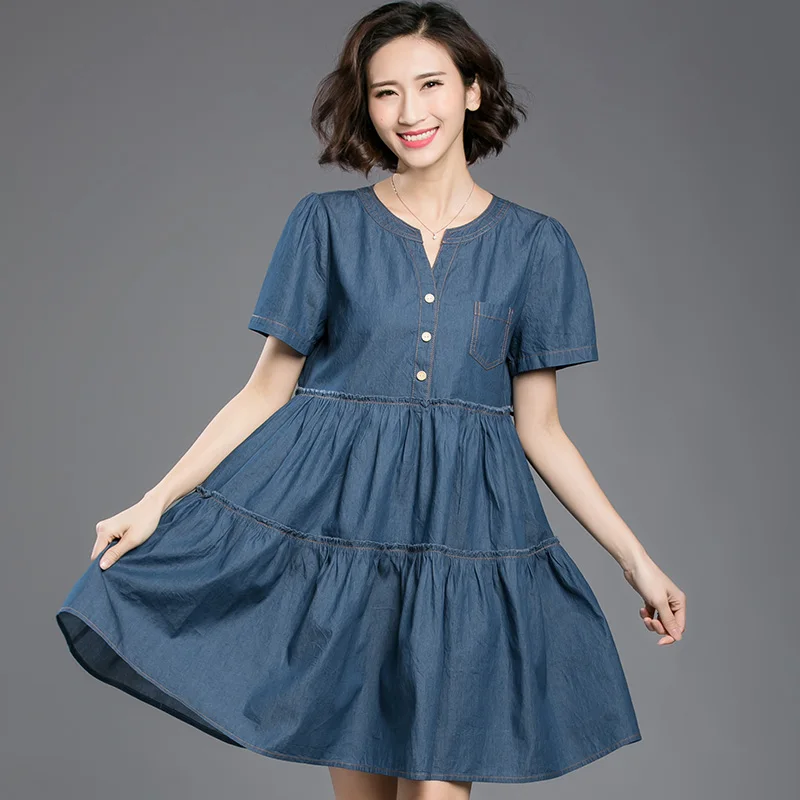 2017Summer women clothing denim dress jeans dress plus size loose flare