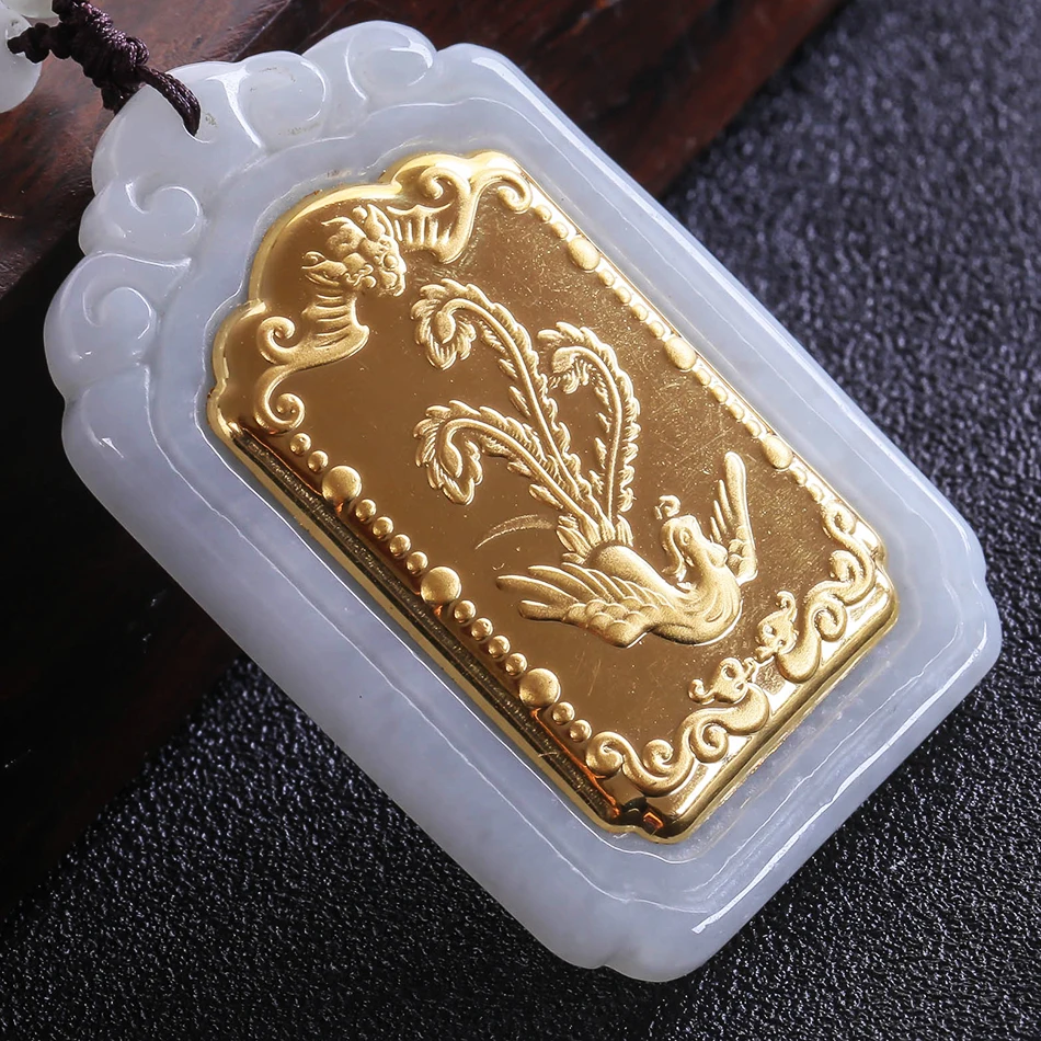 Hot Hetian Jade Pendant Good Luck Men & Women Necklace Quartet Mirror Phoenix Stereo Pendant Gold Inlay Jade Jewelry 8634 Fine Jewelry