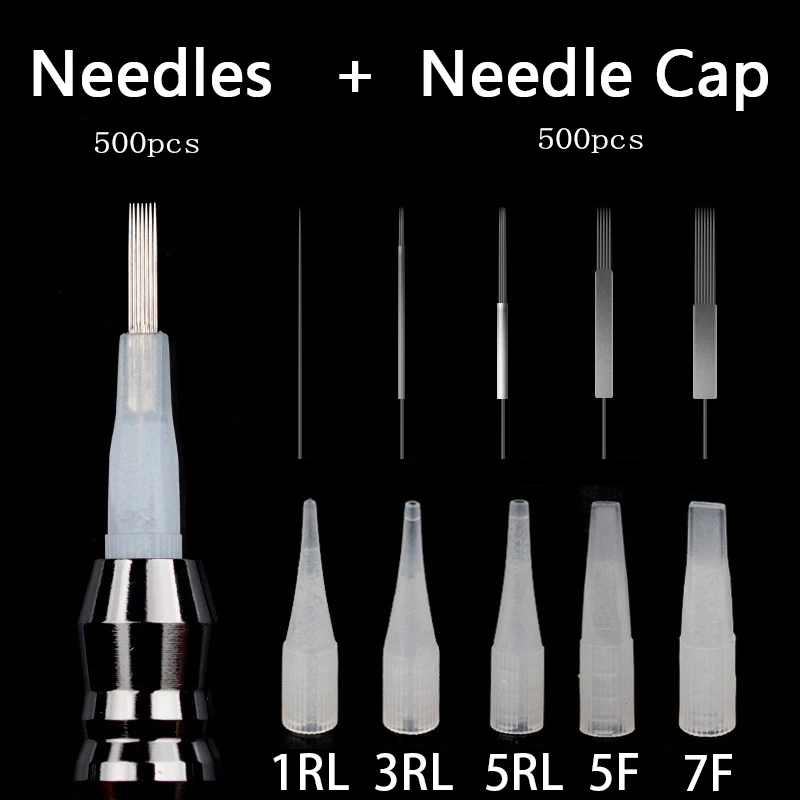 Профессиональный 500 шт агулхас+ 500 шт колпачок иглы Универсальный дермографо микропигментации иглы для перманентного макияжа для насадка для татуировочной машины
