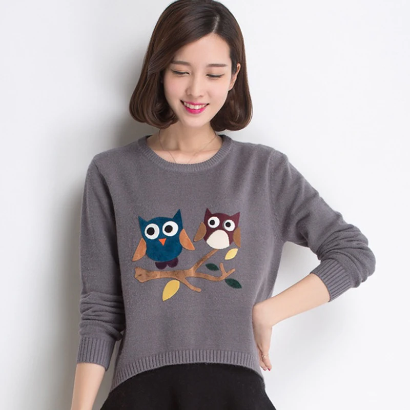 Весна Осень корейский женский вязаный пуловер свитер женский милый мультфильм сова пуловеры свитера femme tricot pull - Цвет: Серый