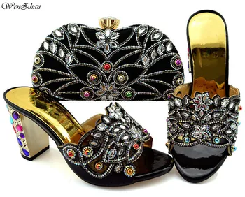 

Italian matching shoes and bag set newest black with rhinestone african wedding shoe and matching bag sets top selling 9cm B94-5