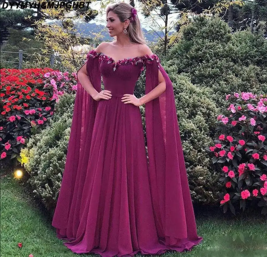2018 Formal Evening Dresses Wear Long Sleeves Off The Shoulder Appliques Chiffon Prom Dress Long Pleats Cheap African With Cape Vestidos_
