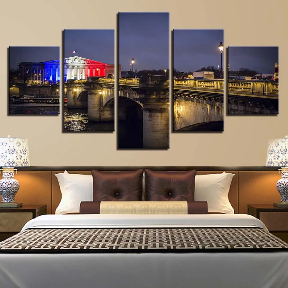 Printed Frame Decor Modern Room Wall Art 5 Pieces Paris Concorde Bridge Night Scene Paintings Modular HD Canvas Pictures Posters | Дом и сад