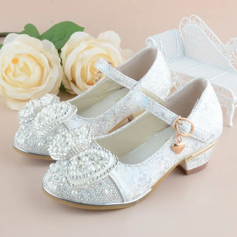

Spring Summer Princess Sandals Printing Leather Children Wedding Sandals High Heels Bowknot Dancing Girls Princess Shoes