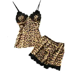 Комплект из 2 предметов, сексуальное женское белье для сна, атласные пижамы Babydoll, нижнее белье, кружевное нижнее белье, Леопардовый топ и