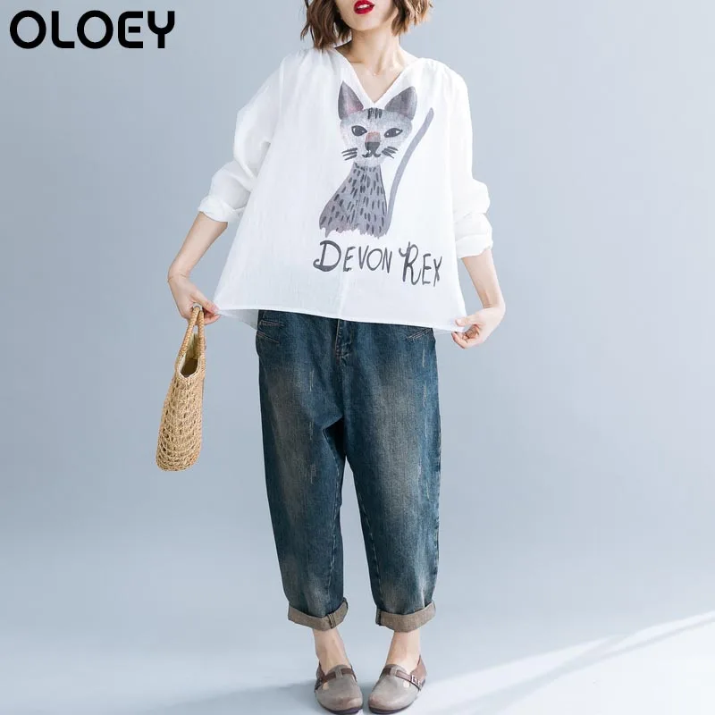 Плюс размеры летние корейские для женщин блуза рубашка Элегантная хлопок кавайный мультипликационный котик печати рубашки для мальчиков