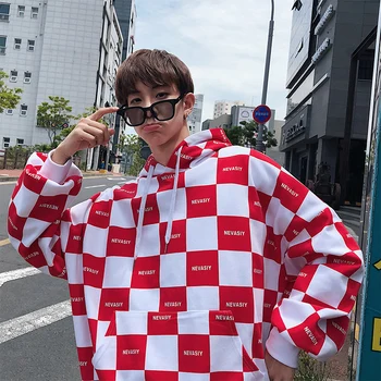 

Autumn Winter New Men Fashion Casual Streetwear Hip Hop Loose Hoodies Men's Sweatshirt Plaid Cotton Clothing Male