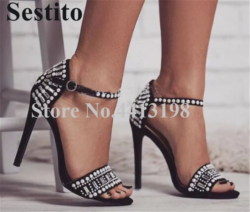 

Summer Fashion Crystal Pearl Shoes Sandals Peep Toe Super High Heel Casual Women Sandals Ankle Buckle Thin Heels Ladies Shoes