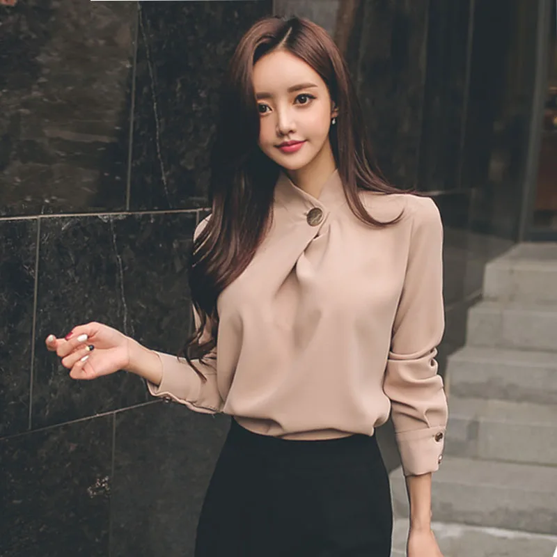  Women Solid Long Sleeve Tops and Shirts Elegant Slim Blouses Shirt Round Neck Soft Blusa femme 2018