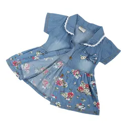 Летнее джинсовое платье в цветочек для отдыха для девочек симпатичное джинсовое платье с бантом для маленьких девочек детское платье на