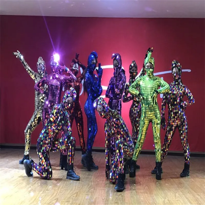 M54 Ballroom dance colorful mirror costumes stage bodysuit silver mirror outfits dj mask performanc