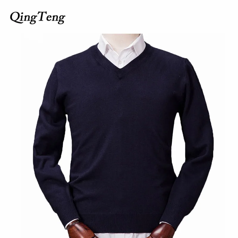 

QingTeng Pullover Men Knitted Cashmere Wool Sweaters 2017 New Autumn Winter Warm Soft Long Sleeve V Neck Sweater Shirt Male