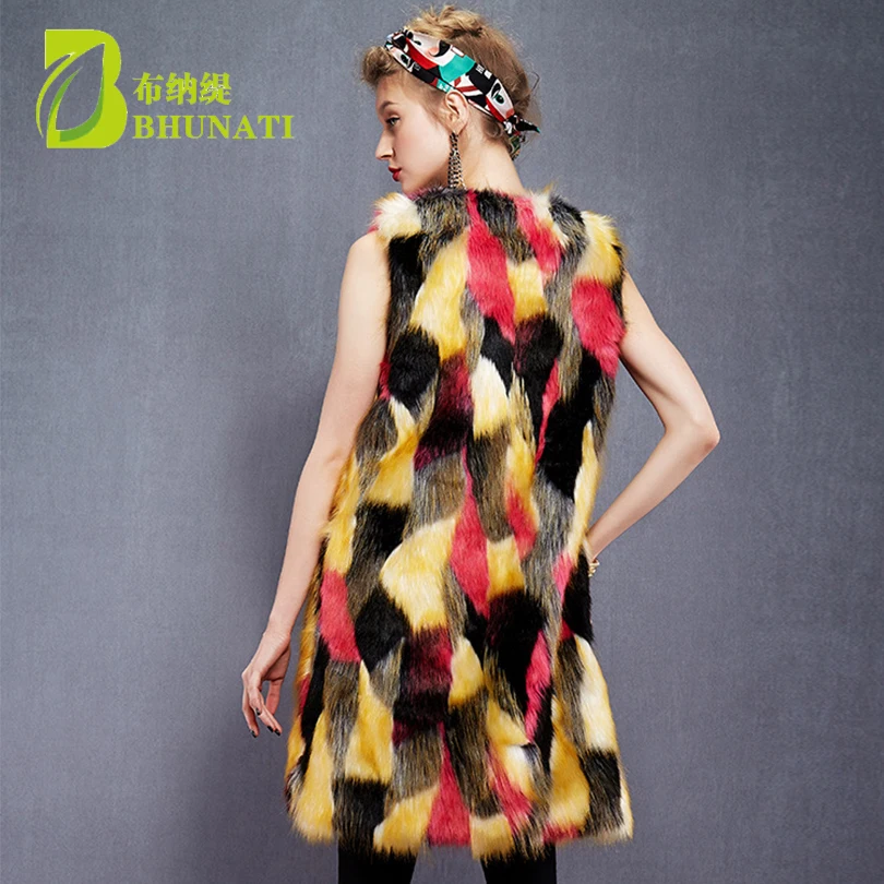 BHUNATI Women Multicolor Long Faux Fur Coat Hit Color Artificial Fur Furry Vest Slim Sleeveless Colorful Coats BCD1507097