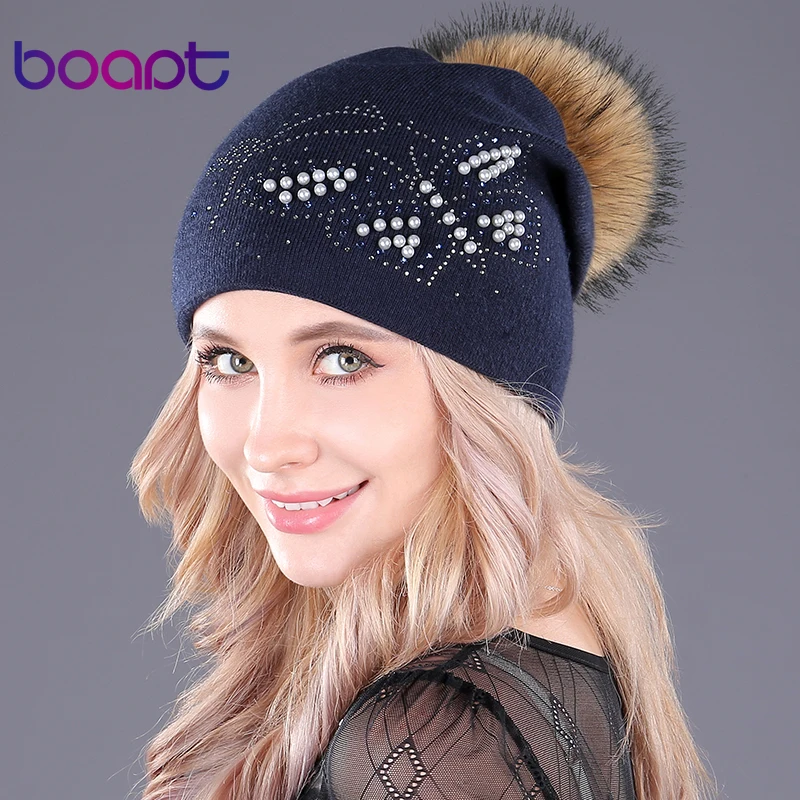 

[boapt] Cashmere knitting pearl beanie natural raccoon fur hats fluffy pompon casual female winter skullies beanies women's caps