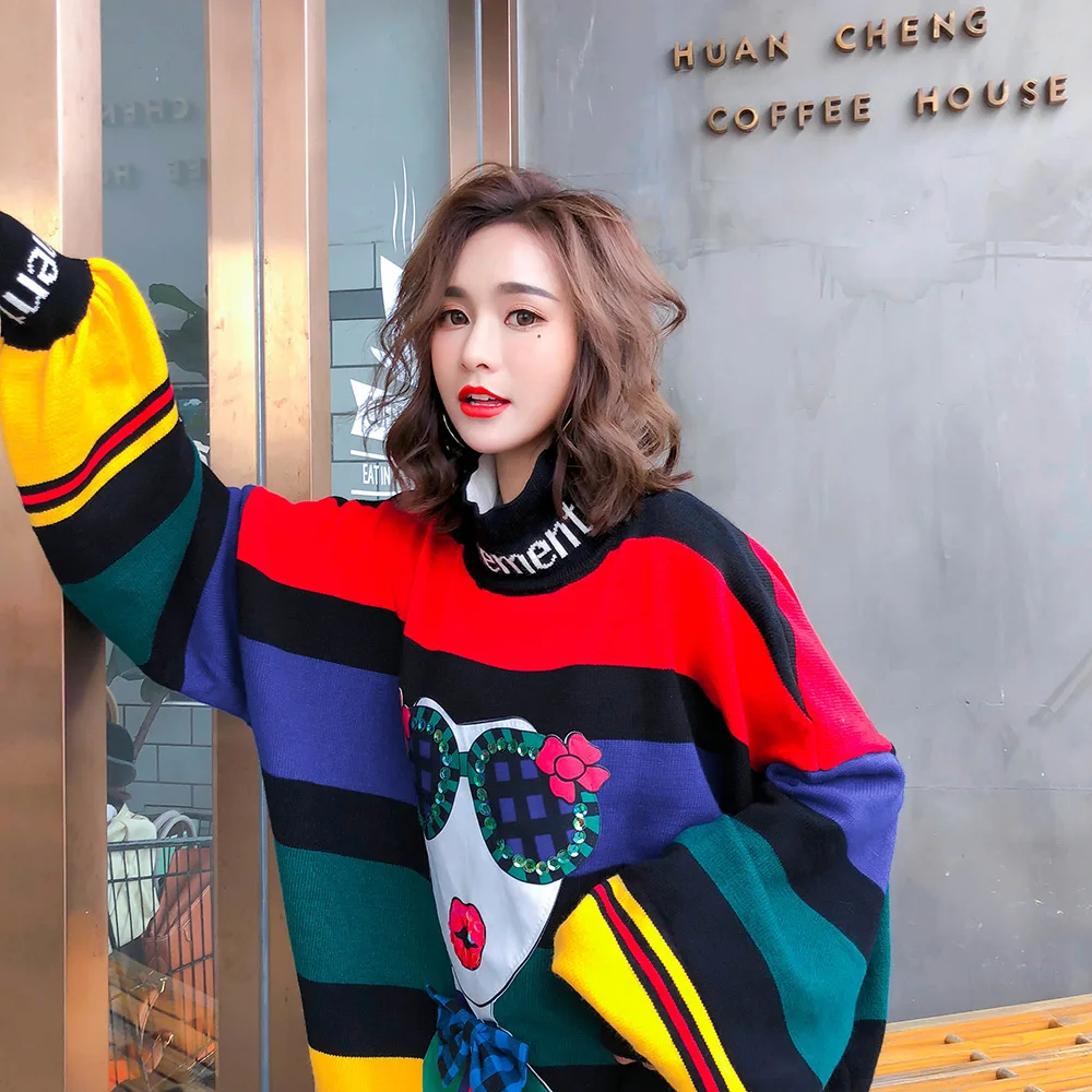 funny Cartoon Girls Turtleneck Knitted Sweater Women Colorful Stripe
