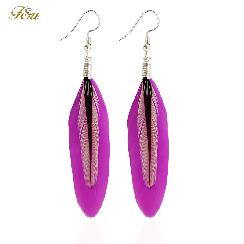 

F&U Colorful Feather Dangle Earrings Bohemia Folk Style Silver Color Drop Earrings for Girls Gift