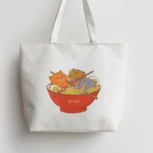 Рамен и кошки японского аниме Холщовая Сумка хозяйственная сумка с изображением мультипликационных героев школьная Наплечная многоразовая сумка для покупок и продуктов AN275