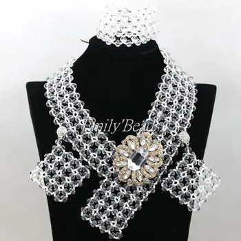 

Gorgeous Nigerian Wedding Party Crystal Beads Bridal Jewelry Sets Necklace Clear White African Jewelry Set Free Shipping AIJ721
